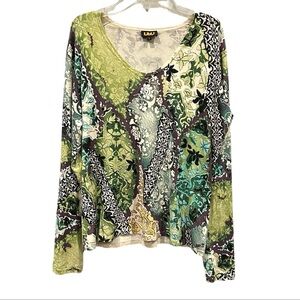 Silk Knit Blend Long‎ Sleeve Top V-Neck Abstract Floral Print Lg Casual Y2K
